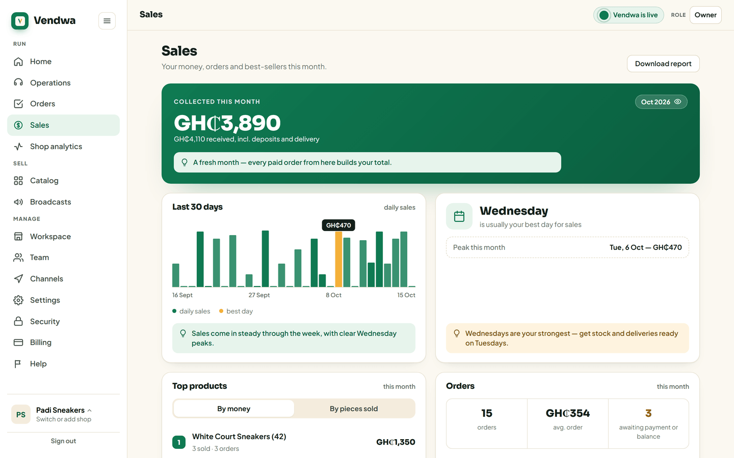 web, /sales 30-day view with seeded paid orders. Padi Sneakers