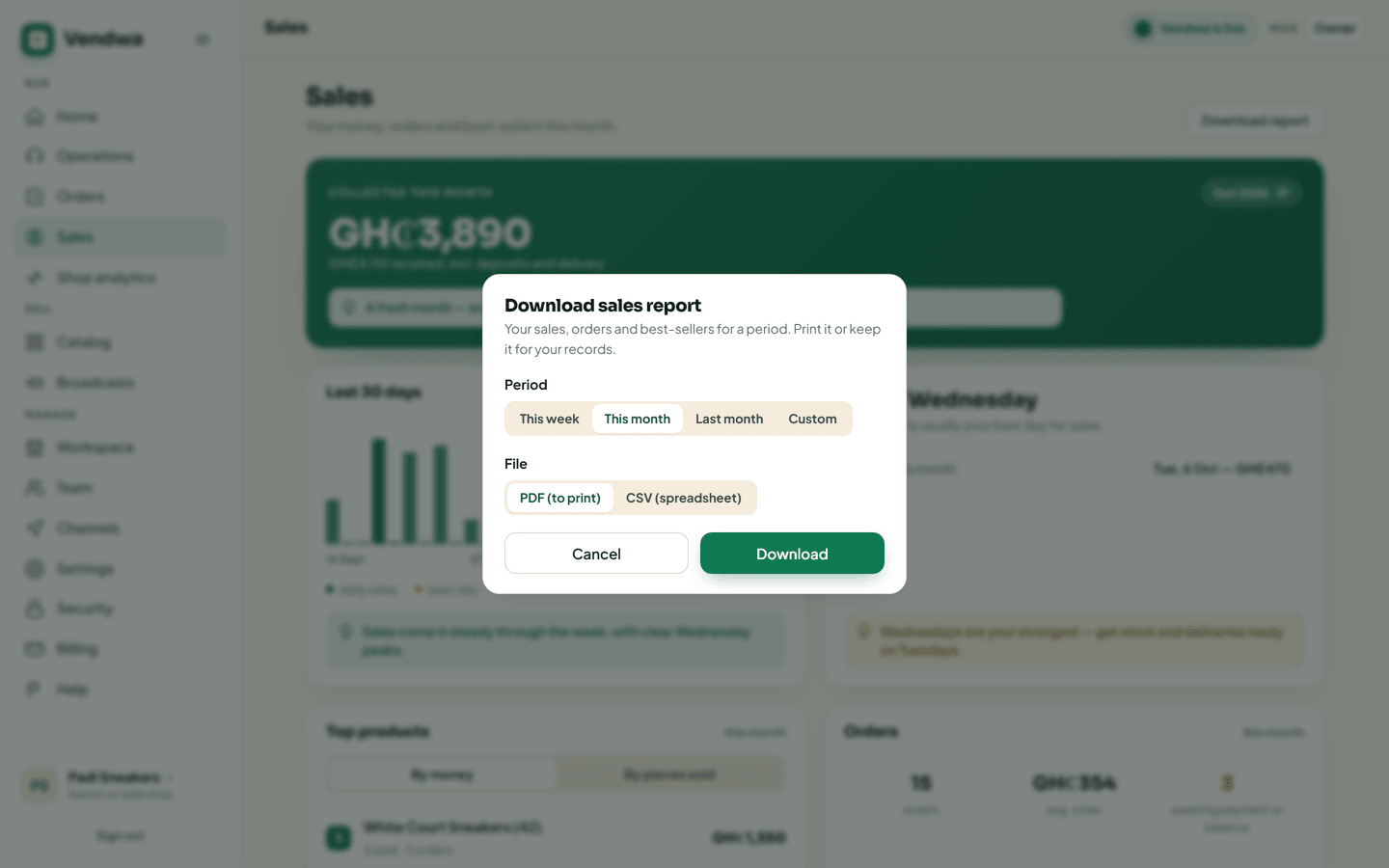 /sales "Download report" sheet: This month and "PDF (to print)" selected. Padi Sneakers