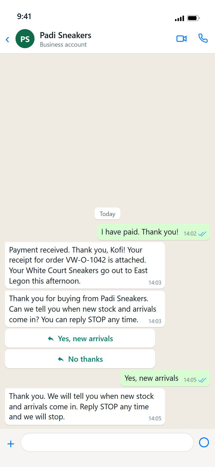 WhatsApp mock (bd-designer frame): after a receipt, "Thank you for buying from <shop>. Can we tell you when new stock and arrivals come in? You can reply STOP any time." with Yes, new arrivals / No thanks. Mock shop, fictional customer