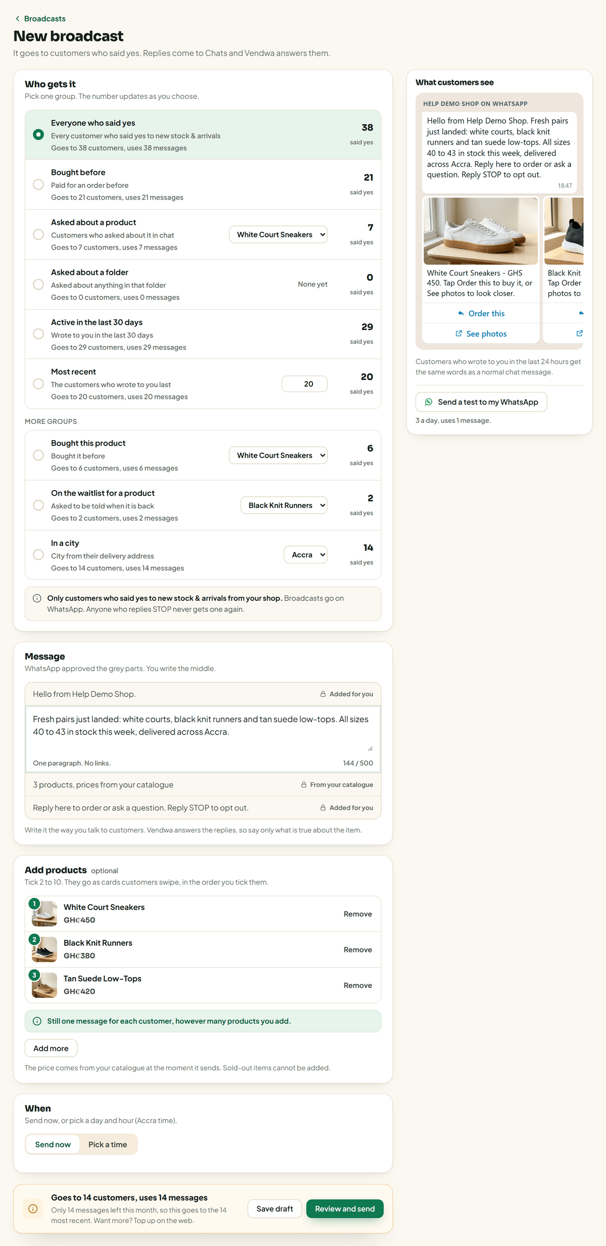 web, /broadcasts/new: message written, carousel with 3 products, audience "Everyone who said yes". Help Demo Shop (non-internal, so the meter shows 20); seed 3 products and opted-in test numbers