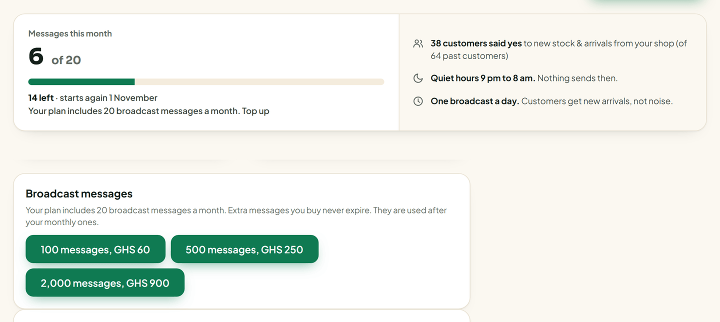 web, /broadcasts meter ("N left this month") and /billing#broadcast-bundles card with the 3 bundle buttons. Help Demo Shop