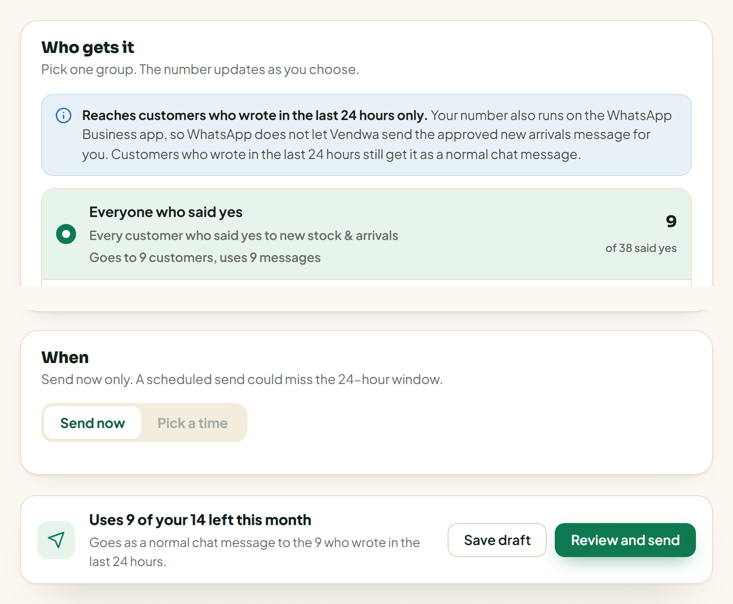 web, /broadcasts/new on a coexistence number: the note that only customers who wrote in the last 24 hours get it, and "Send now only". Local preview or a coexistence test number