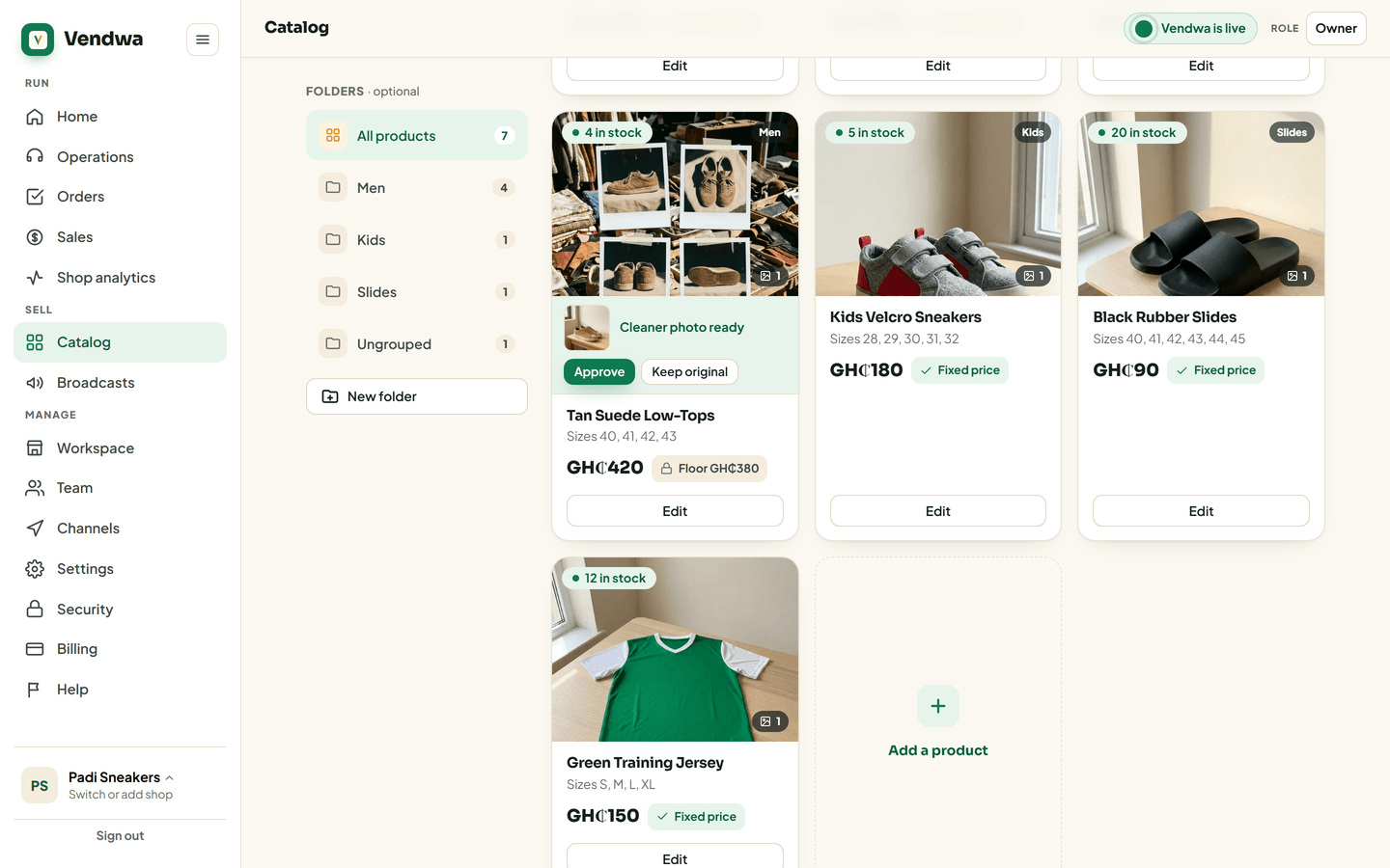 web, /catalog product with the "Cleaner photo ready" strip (Approve / Keep original). Padi Sneakers; needs a pending_ai candidate: upload a collage photo and wait for the sweep