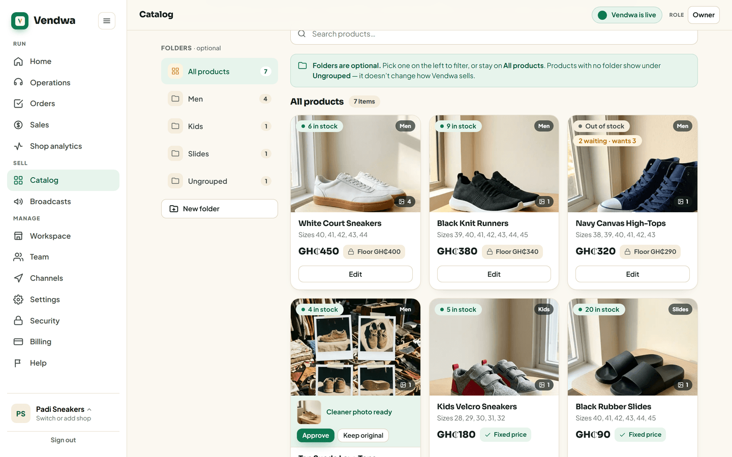 web, /catalog with a sold-out tile showing the "N waiting · wants M" pill. Padi Sneakers; seed 2 waitlist joins from test numbers