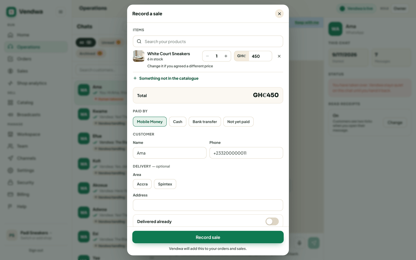web, /operations?chat=..&record=1: Record a sale dialog with 1 line filled. Padi Sneakers, seeded chat; cancel, do not save