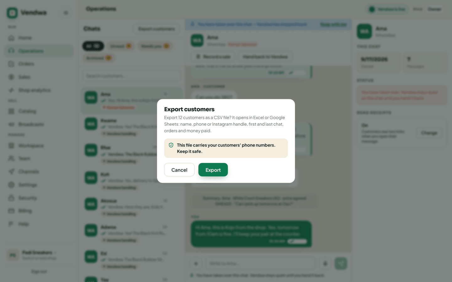 web, /operations header: the Export customers confirm sheet ("Export N customers as a CSV file?") with the phone-number warning. Padi Sneakers, seeded chats only; DO NOT export; never show real numbers