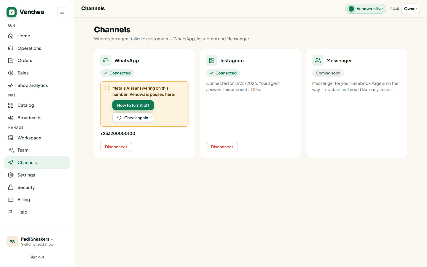 web, /channels WhatsApp card with the amber "Meta's AI is answering on this number. Vendwa is paused here." note and the Check again button. Render on a local preview with a mocked metaAgent.active (never trigger it on prod)