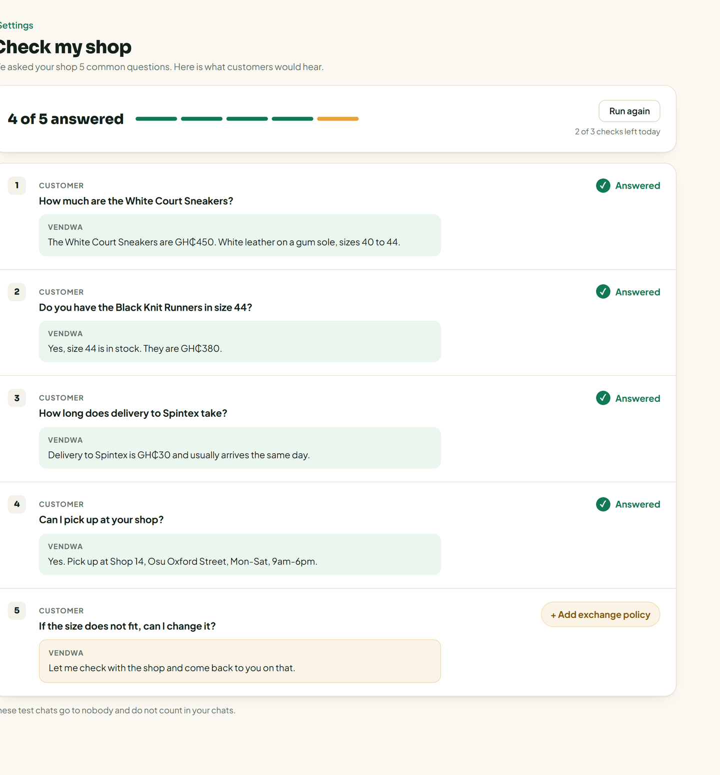 /check-my-shop with one completed run: 4 green rows and 1 amber "Add exchange policy" row. Padi Sneakers with no returns policy set