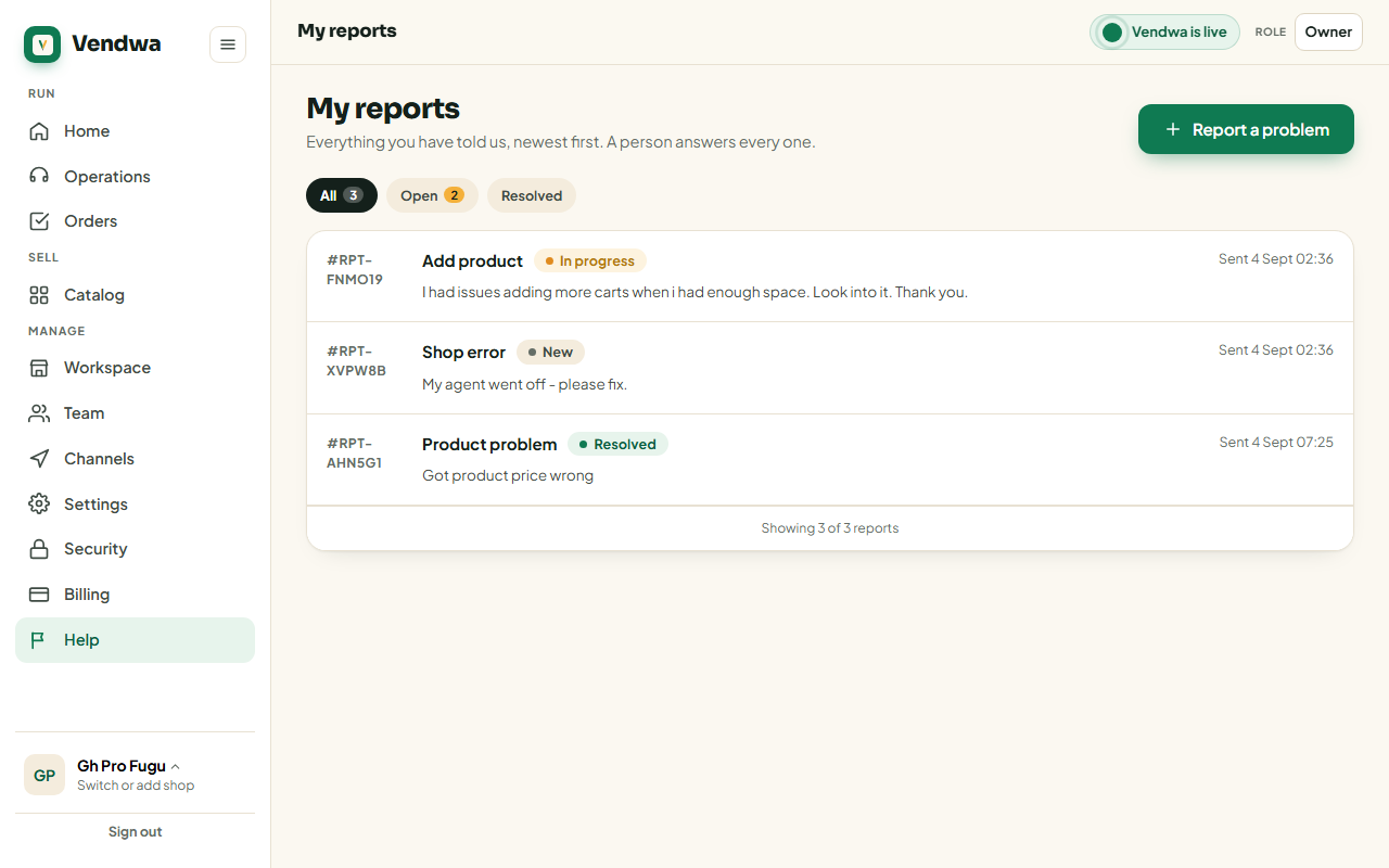 web, /help/reports showing reports with New and In progress pills