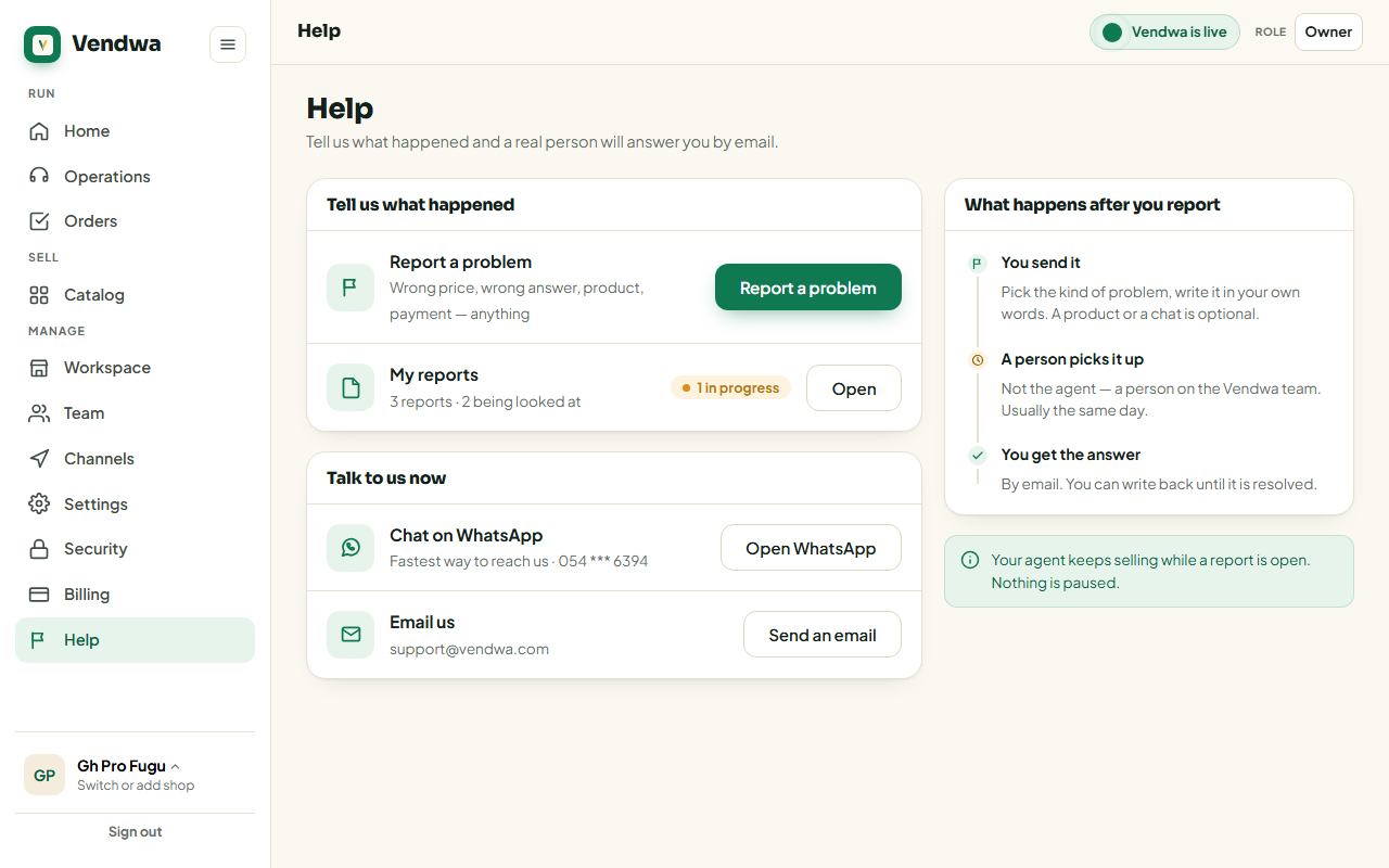 web, Help page showing the "Talk to us now" panel with the WhatsApp and email rows