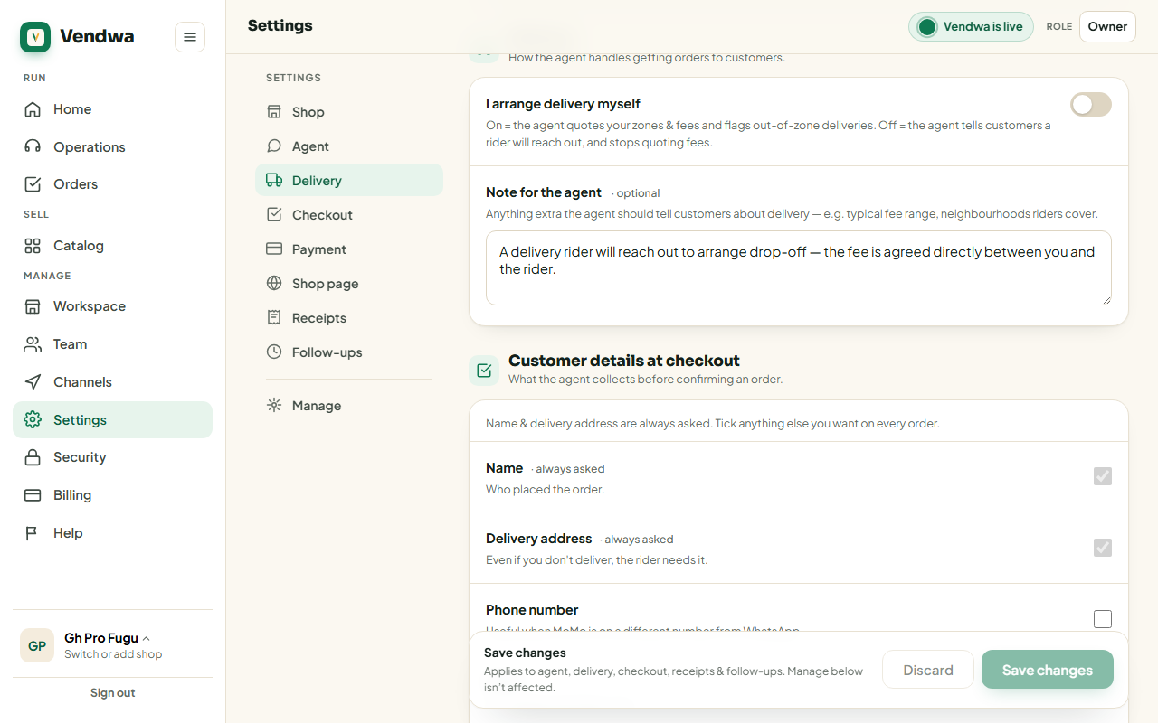 web, Settings page "Customer details at checkout" section with the tick boxes visible
