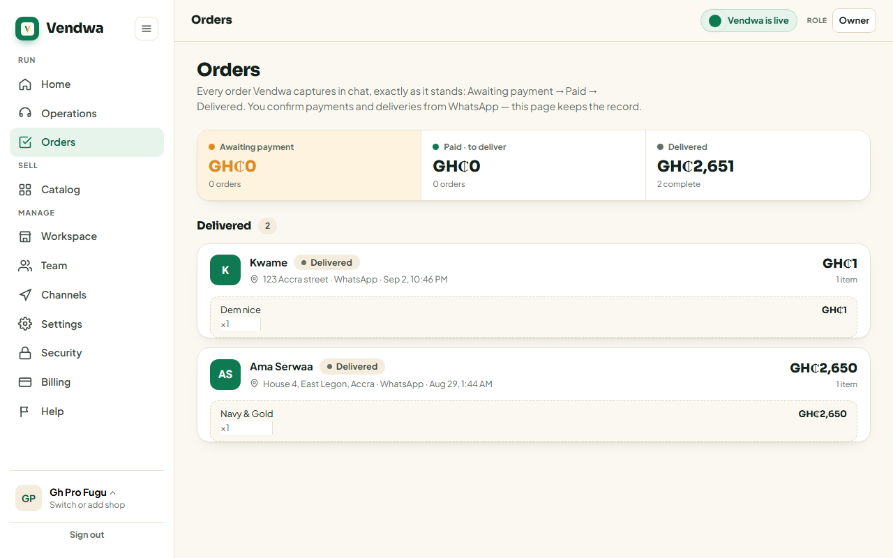 web, Orders page showing pending, paid and delivered rows