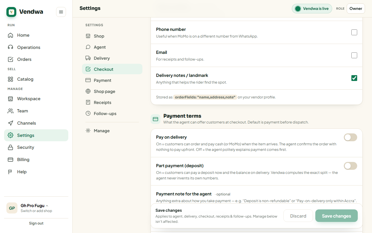 web, Settings page "Payment terms" section with both toggles and the payment note box