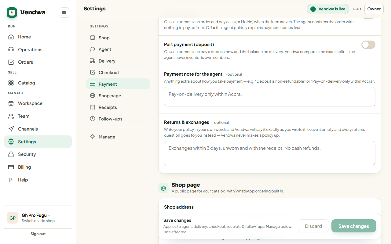 web, Settings page returns and exchanges box with example text