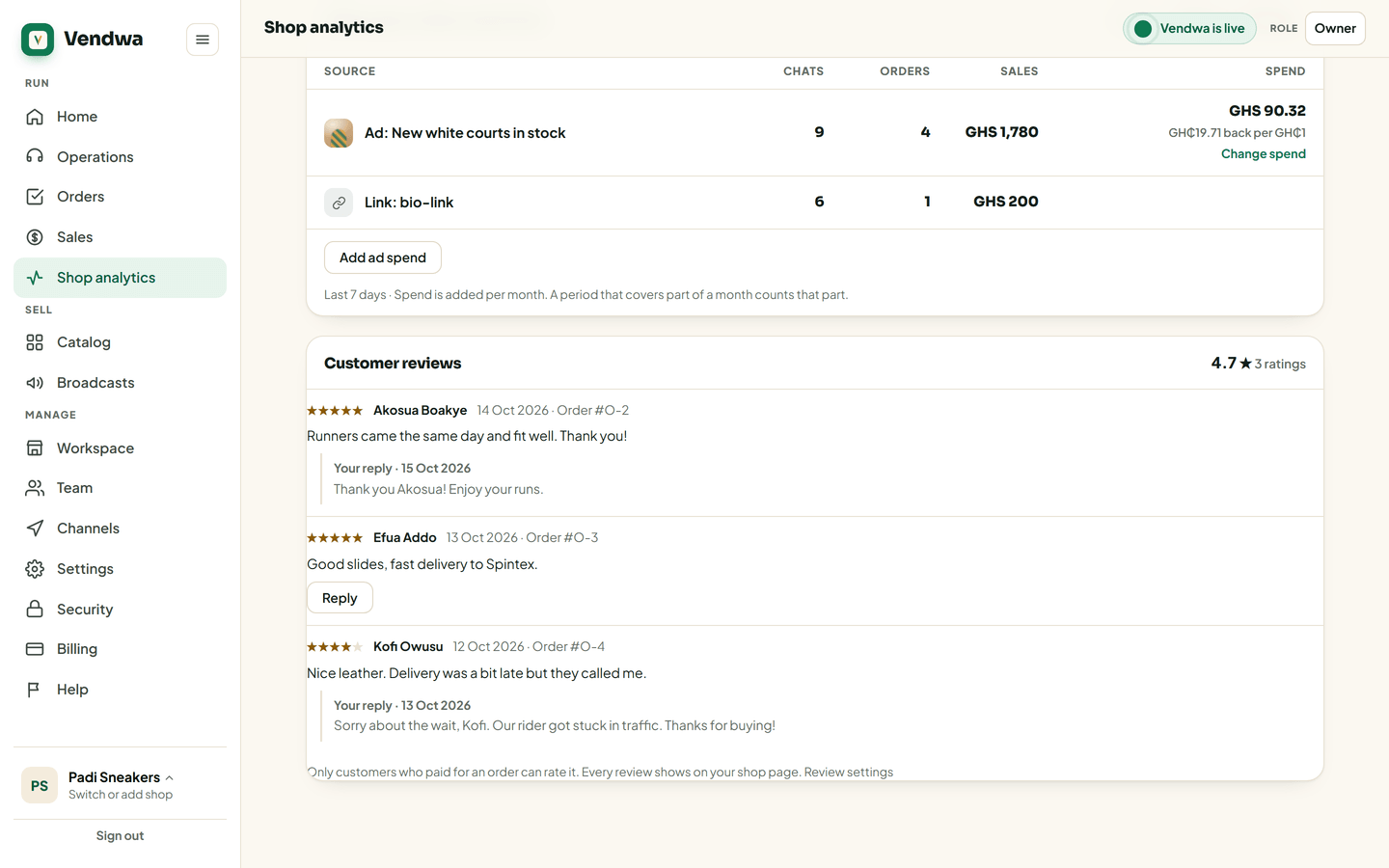 web, /shop-analytics Customer reviews panel with 1 review and an owner reply. Padi Sneakers; seed a review from a test number