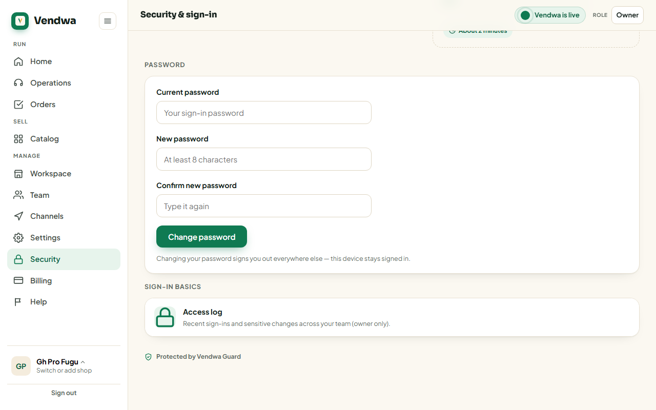 web, Security page password card with the three fields and the Change password button