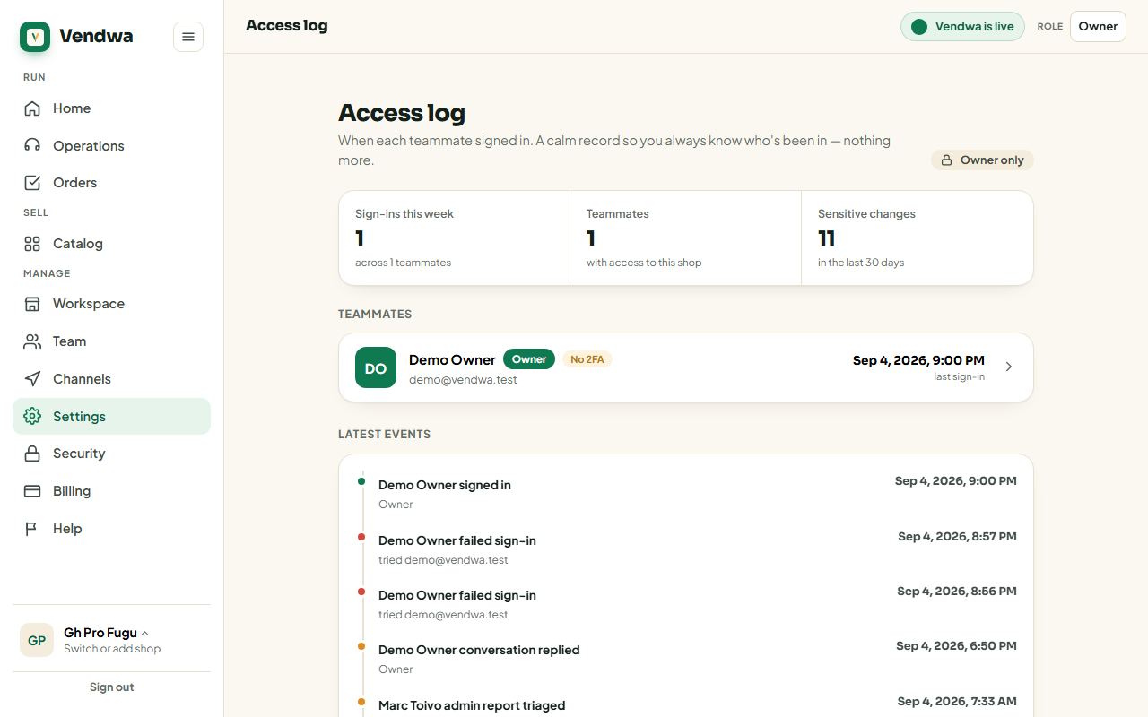 web, Access log page showing sign-in rows with dates and origins