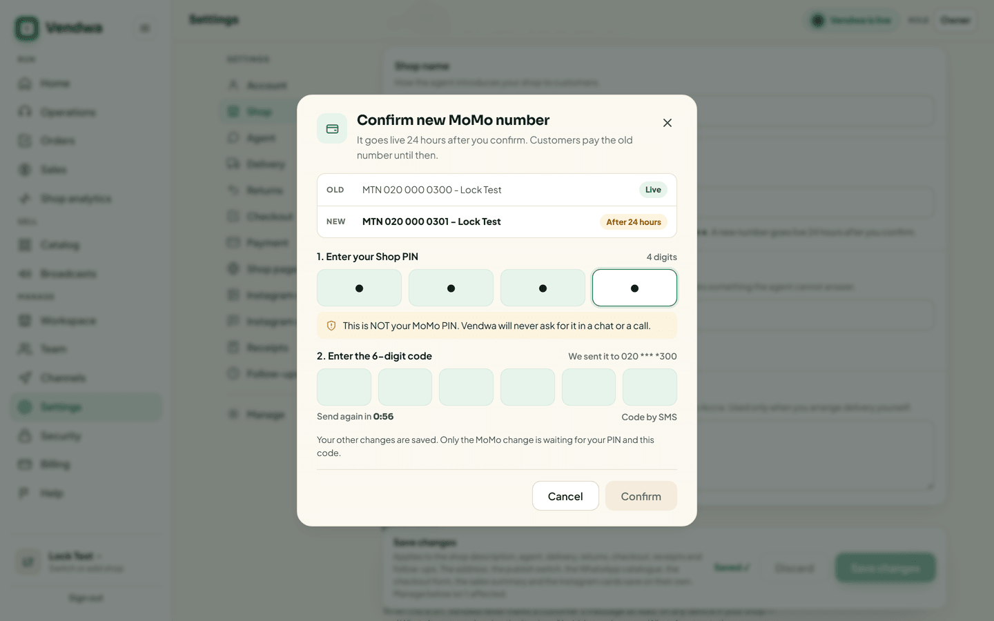 web, /security MoMo safety card, and the MoMo change dialog at the code + Shop PIN step; plus the "A MoMo change is waiting" banner. Lock Test shop; use a FICTIONAL MoMo number and cancel the pending change after