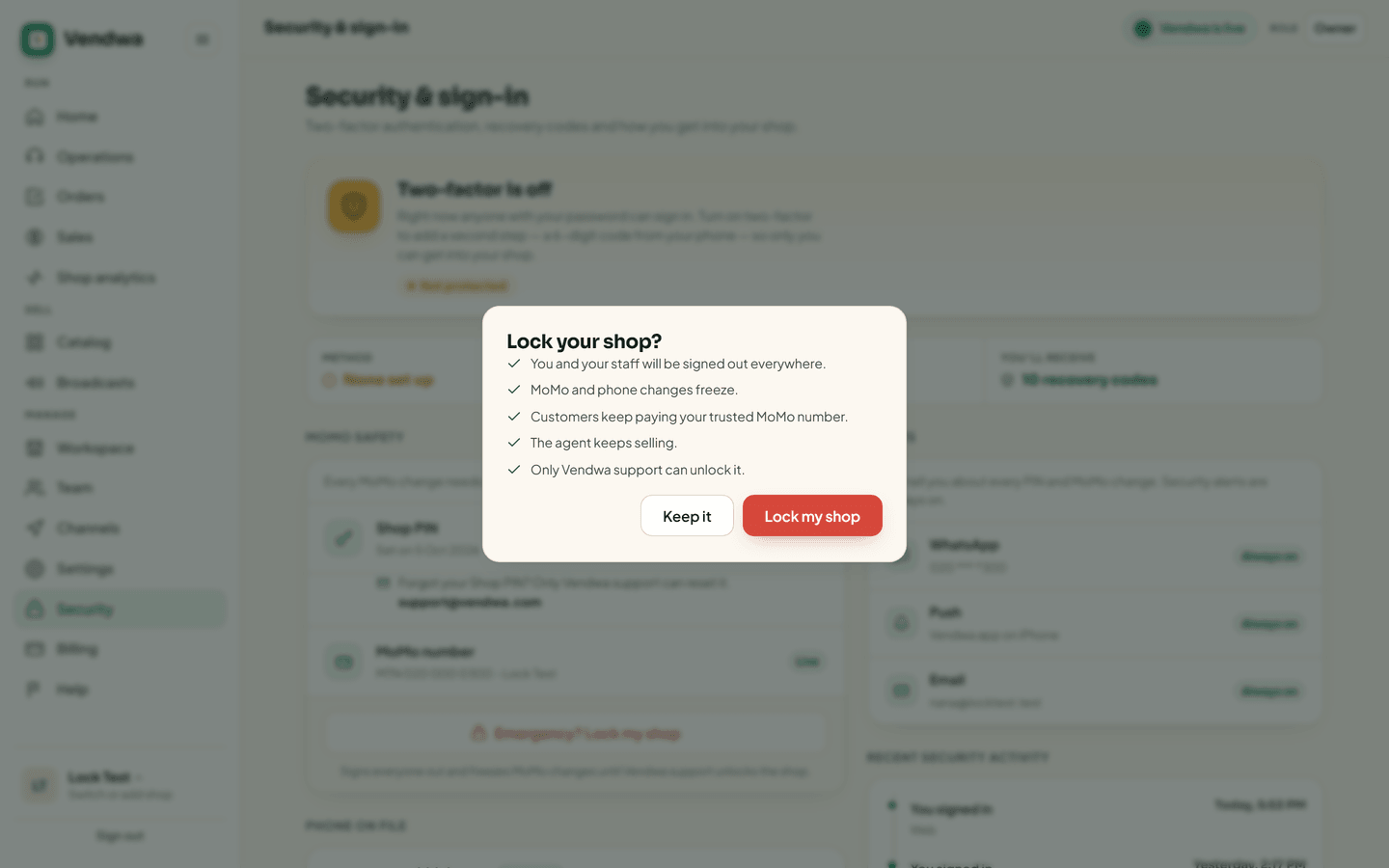 /security "Emergency? Lock my shop" and the "Lock your shop?" confirm box. Lock Test shop. DO NOT confirm