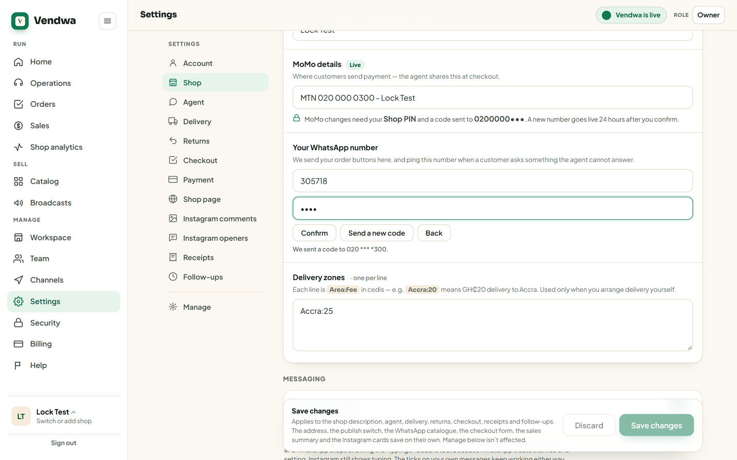 /settings#shop "Your WhatsApp number" two-step change at the code step. Lock Test shop, owner test phone only