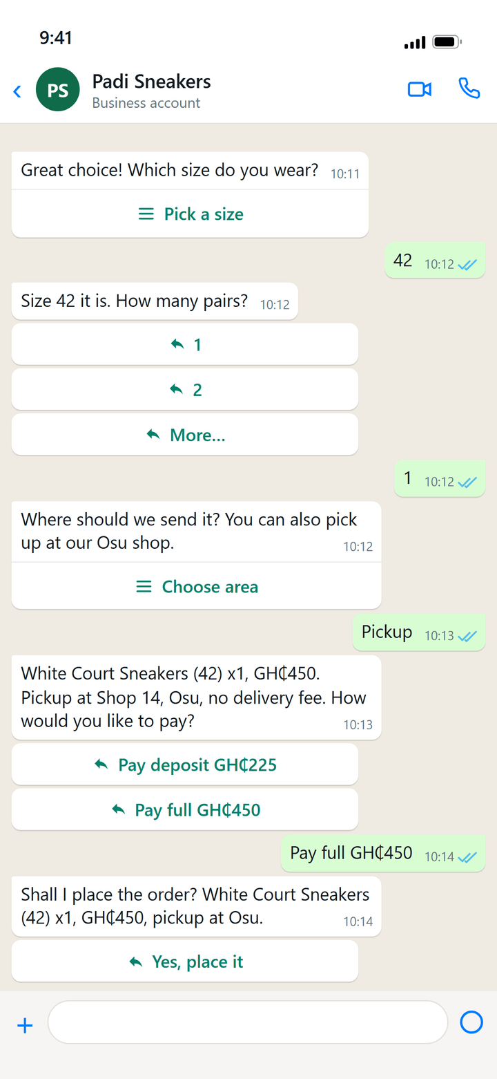 WhatsApp mock (bd-designer frame): the "Pick a size" list, [1] [2] [More…] buttons, the "Choose area" list with Pickup, then "Pay deposit GH₵X / Pay full GH₵Y" and "Yes, place it". Mock shop, fictional customer