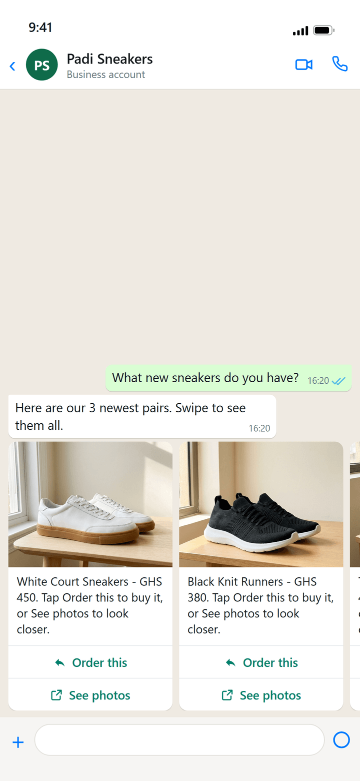 WhatsApp mock (bd-designer frame): a 3-card product carousel, each card with photo, name, price, "Order this" and "See photos". Mock shop