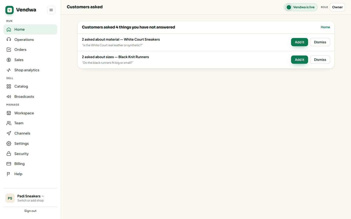 web, Home "Customers asked" card and /questions with 2 grouped questions. Padi Sneakers; seed the questions from test numbers
