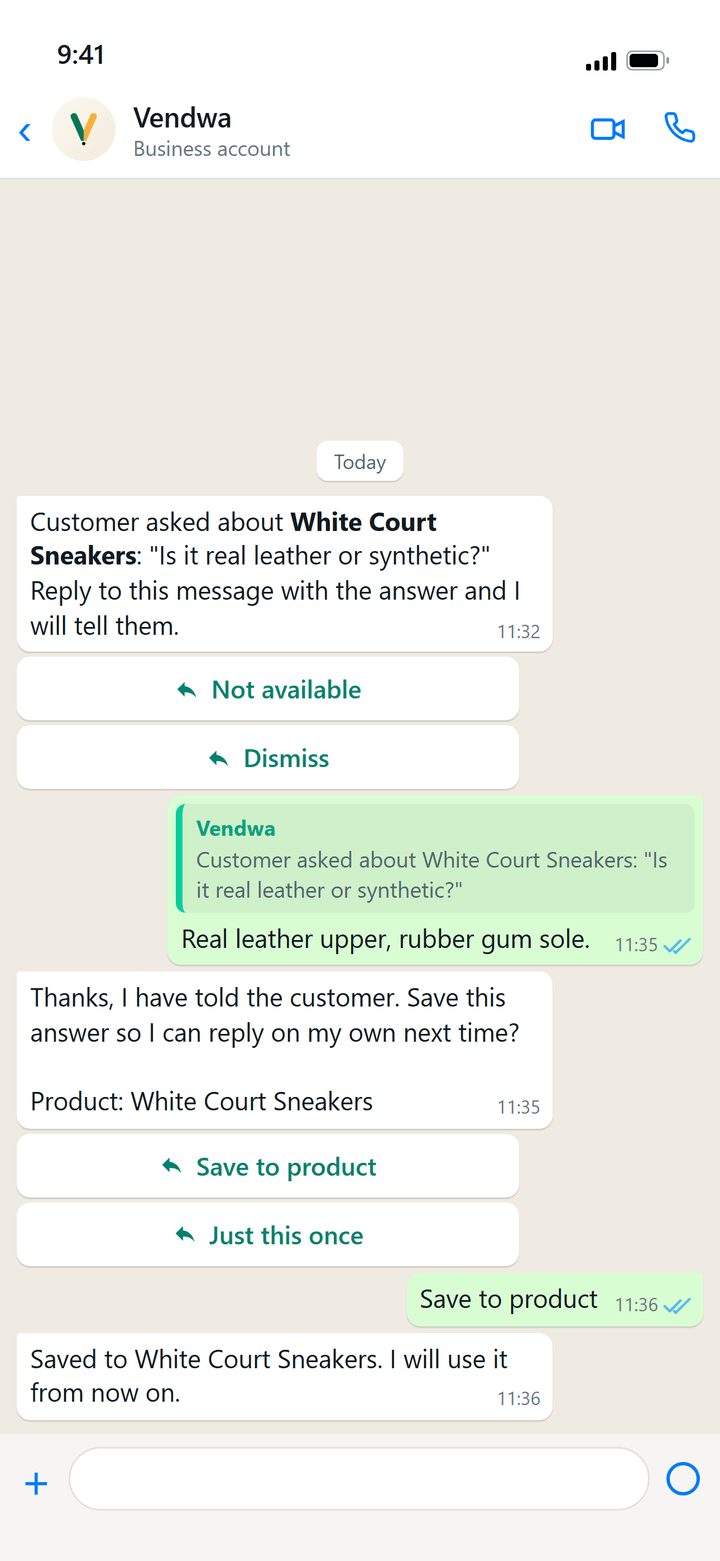 WhatsApp mock (bd-designer frame), owner side: the ping "Customer asked about *<item>*: ..." with Not available / Dismiss, the owner's swipe-reply, then "Save to product / Just this once". Mock data