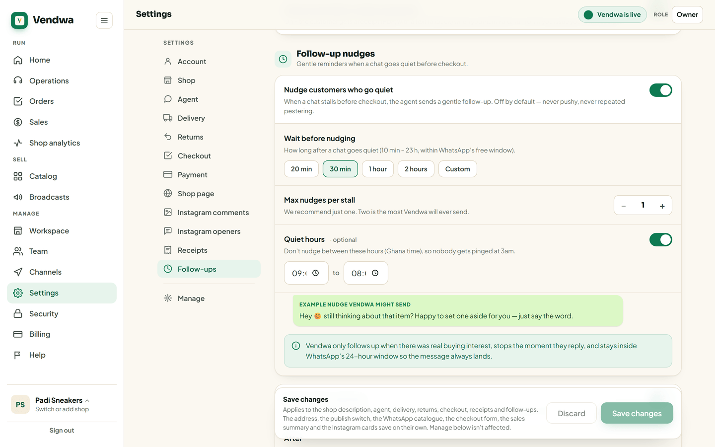 web, /settings Follow-up nudges: read nudge on at 2 hours, follow-ups on, quiet hours shown. Padi Sneakers
