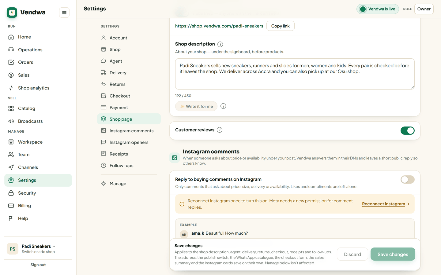 web, /settings Shop page card with the About your shop text filled in and the "Write it for me" button. Padi Sneakers