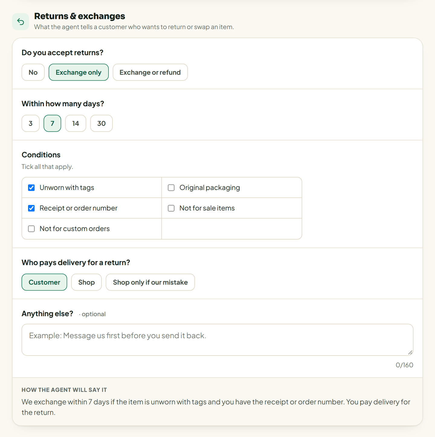 web, /settings#returns: Exchange only, 7 days, 2 conditions ticked, "How the agent will say it" preview showing. Padi Sneakers