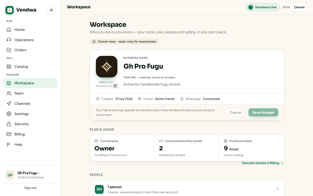 web, Workspace page with the logo upload, name and tagline fields