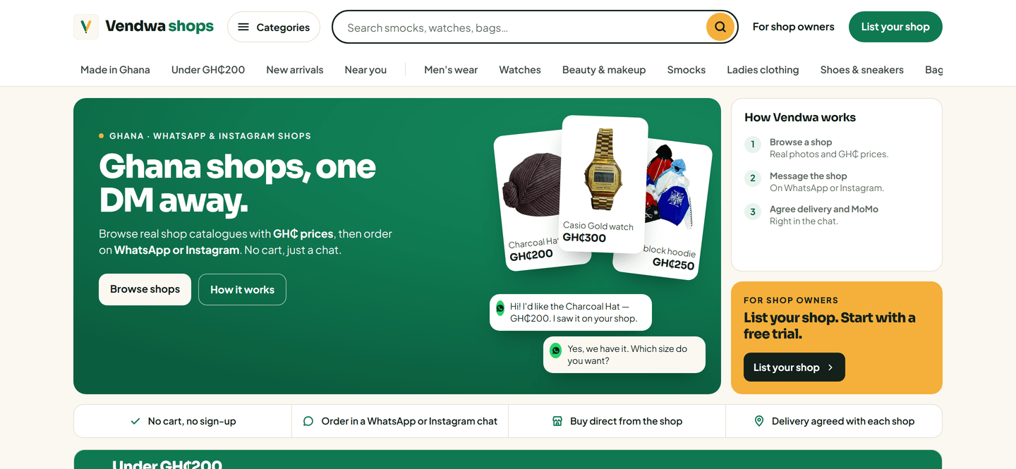 shop.vendwa.com home market grid, and one category page. Live and public, no customer data; avoid deny-listed brand items