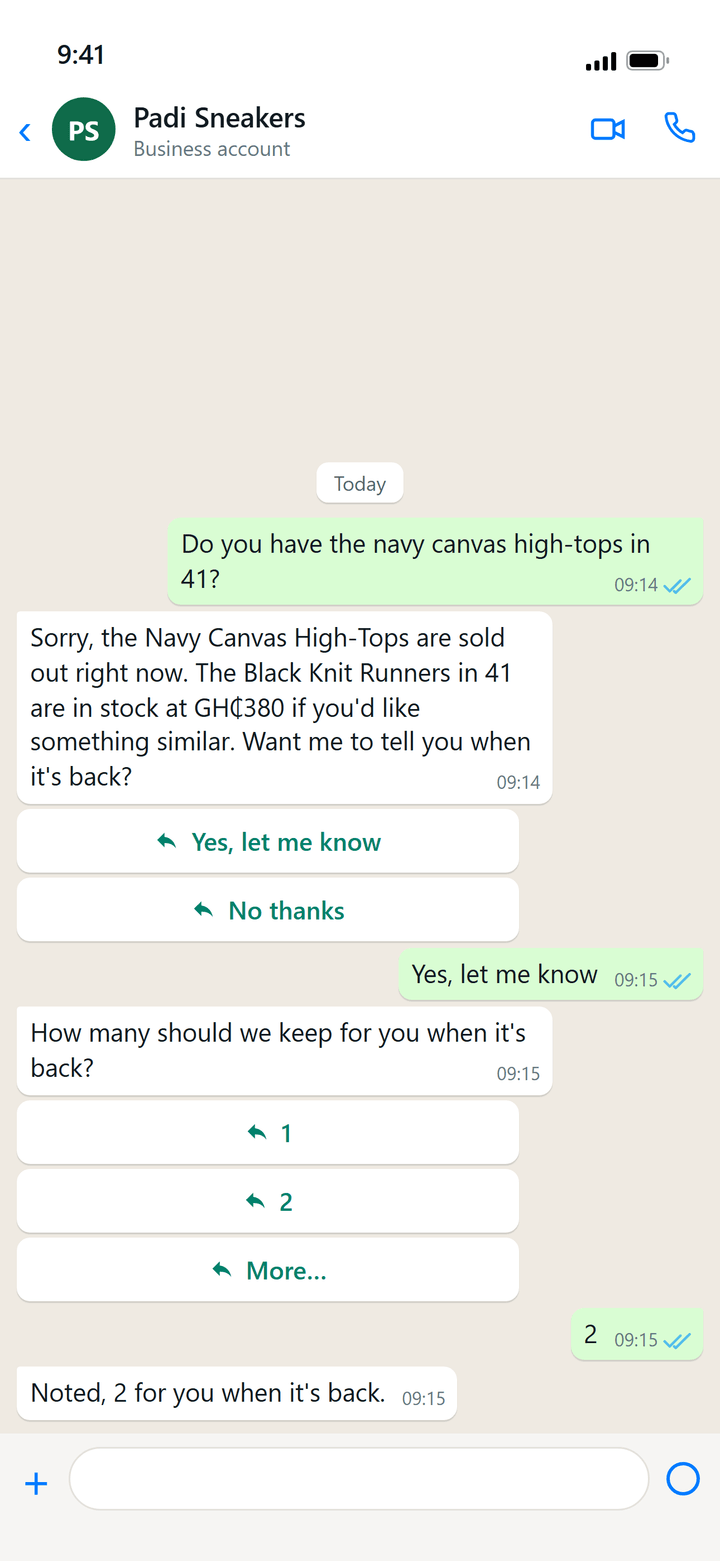 WhatsApp mock (bd-designer frame, not a phone capture): customer asks for a sold-out item, Vendwa replies "Want me to tell you when it's back?" with Yes, let me know / No thanks, then the [1] [2] [More…] quantity buttons. Mock shop "Padi Sneakers", fictional customer