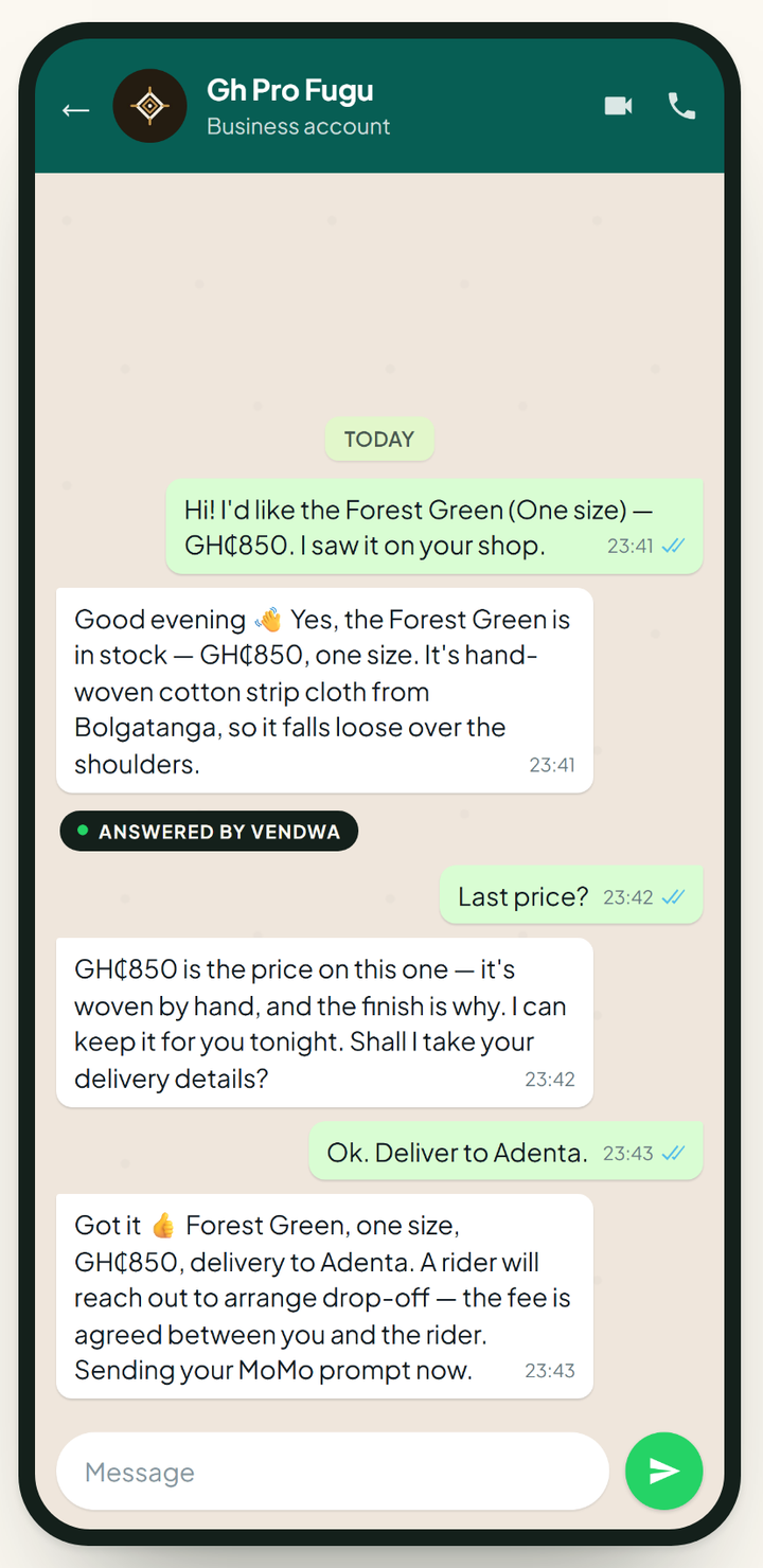 The WhatsApp chat that opens, with the item and price already typed and answered
