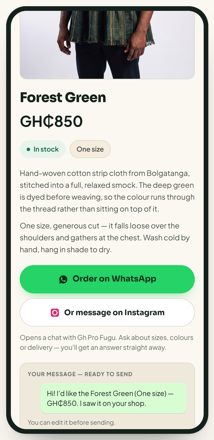 A product page on a Vendwa shop with an Order on WhatsApp button and the message it will send