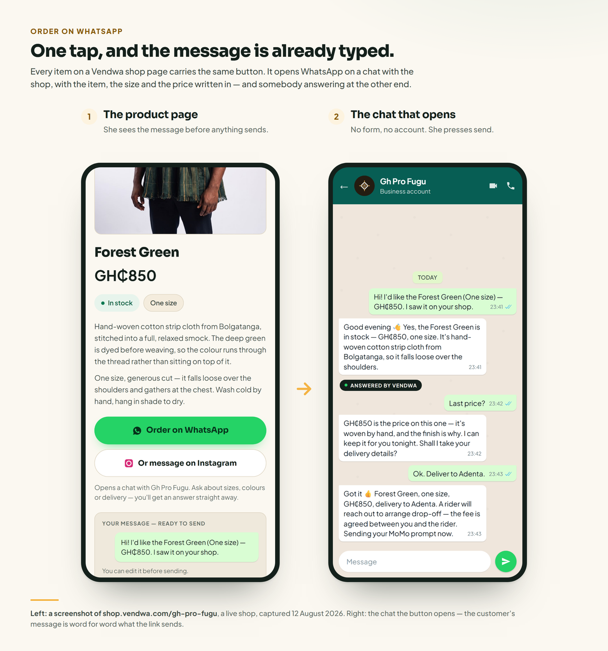 Tapping Order on WhatsApp opens a chat with the item and price already typed