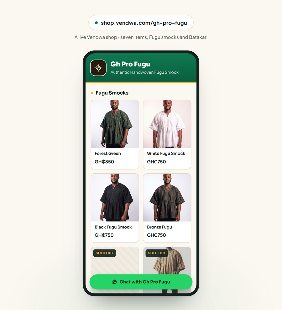 The Gh Pro Fugu shop page on Vendwa, showing Fugu smocks with prices in cedis